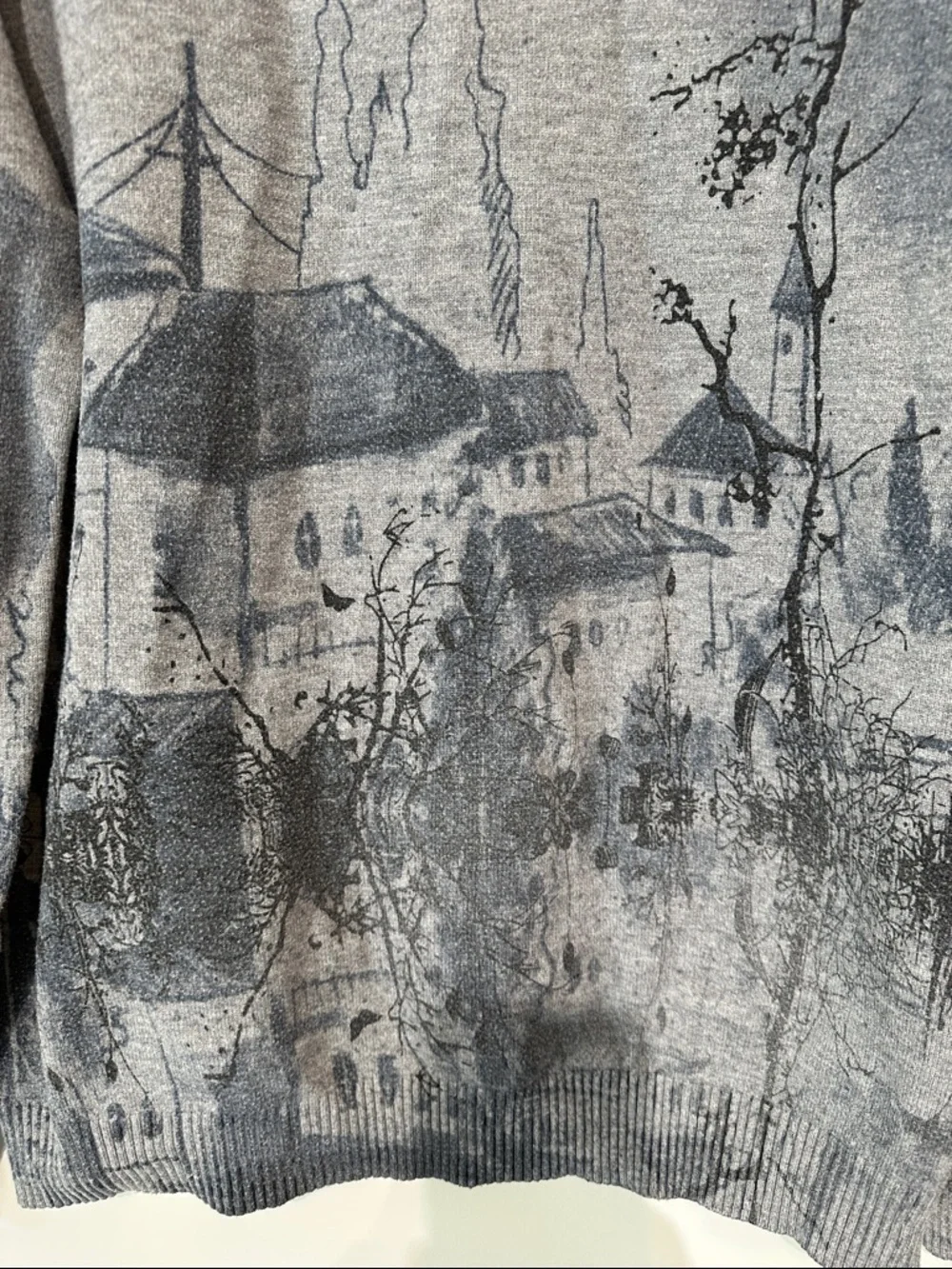 Men's Blue Gray Asian Village Themed Crewneck Sweater